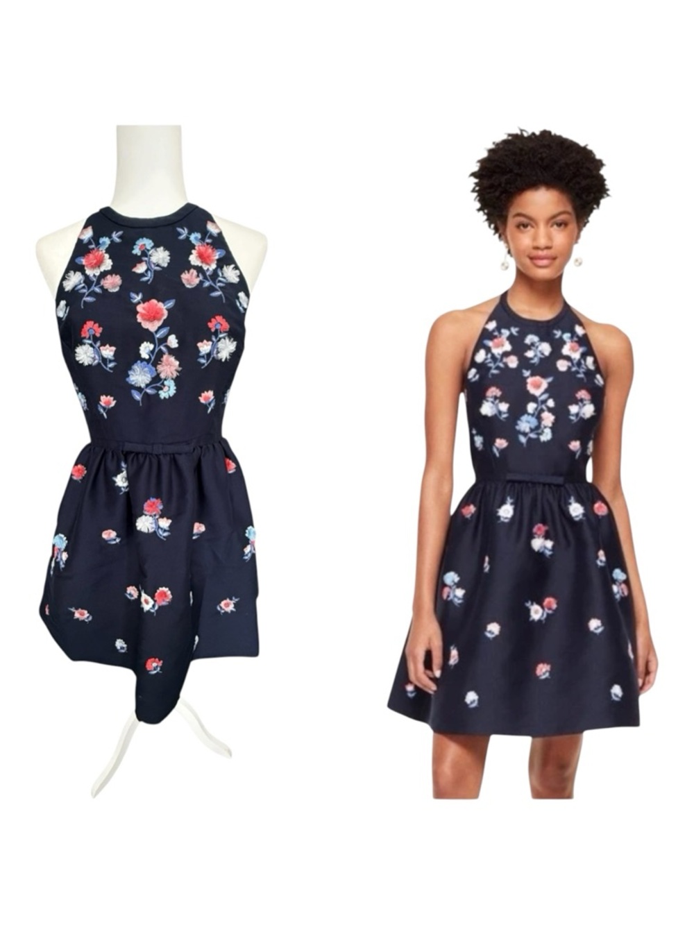 Kate Spade Pom Embroidered Dress Size 6 Navy Floral Halter Fit Flare Pockets